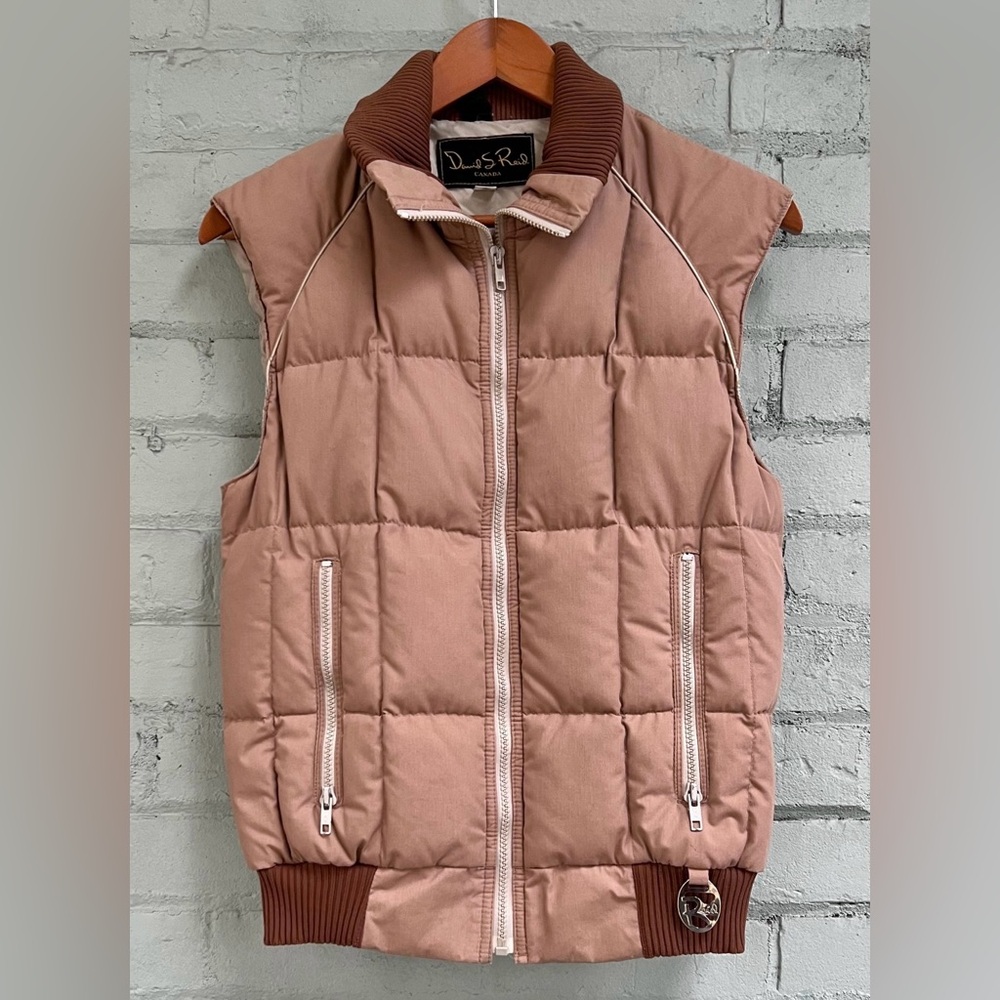 Vintage Quilted Puffer Vest - Beige and Brown Zip Up - Rib Knit Collar and Hem